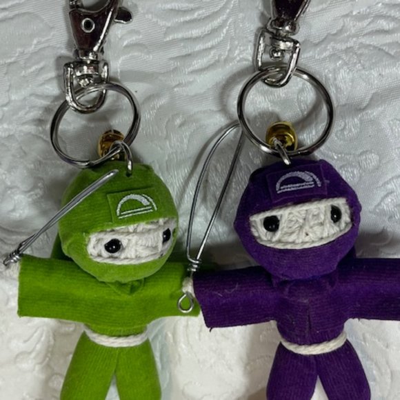 TWO Ninja String Doll Keychain Toys w/Swords Purple/Lime Green 2.5" x 3" NEW - Picture 5 of 9